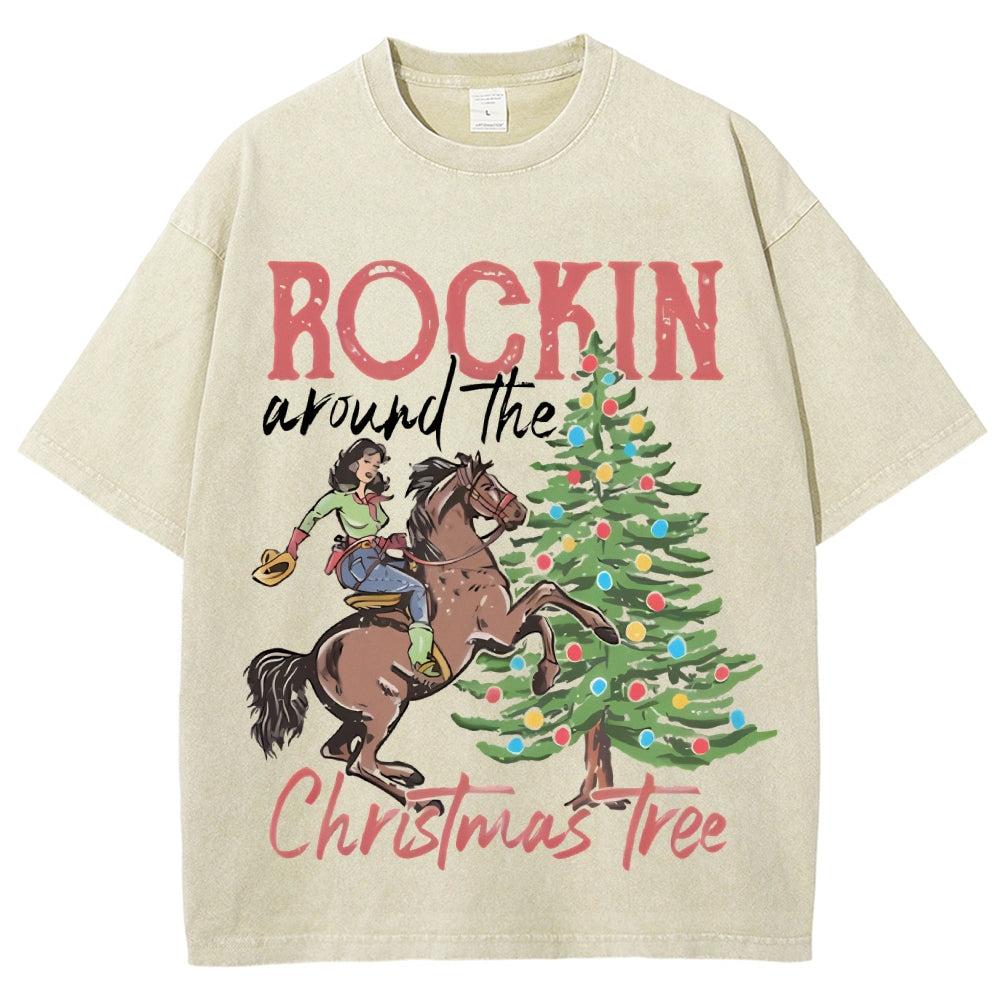 Muchic Rockin Around The Christmas Tree Unisex Vintage Washed Tee