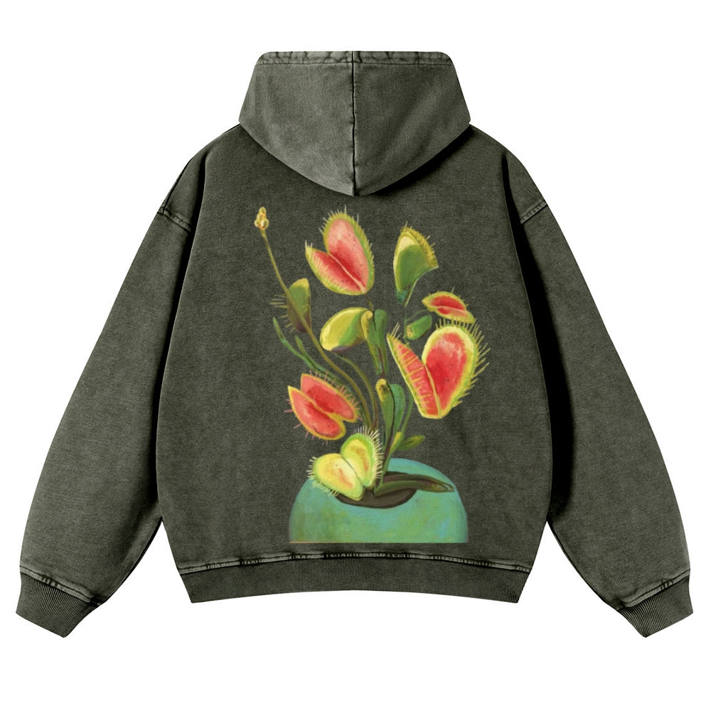 Muchic Unisex Venus Flytrap Back Print Casual Washed Hoodie