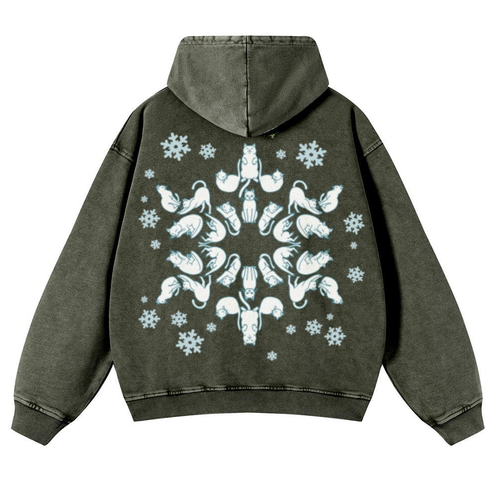 Muchic Unisex  Cat Playing In The Snow Casual Washed Hoodie