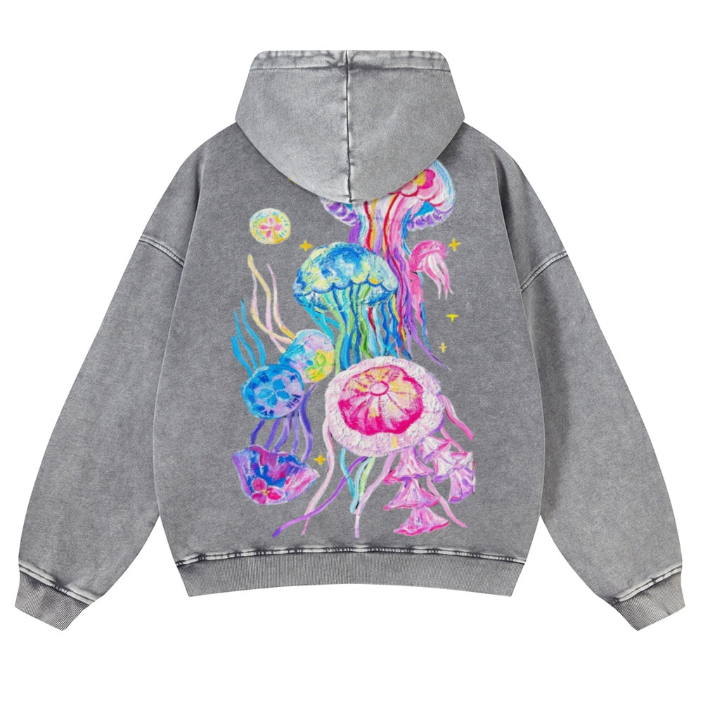 Muchic Unisex Jellyfish Back Print Casual Washed Hoodie