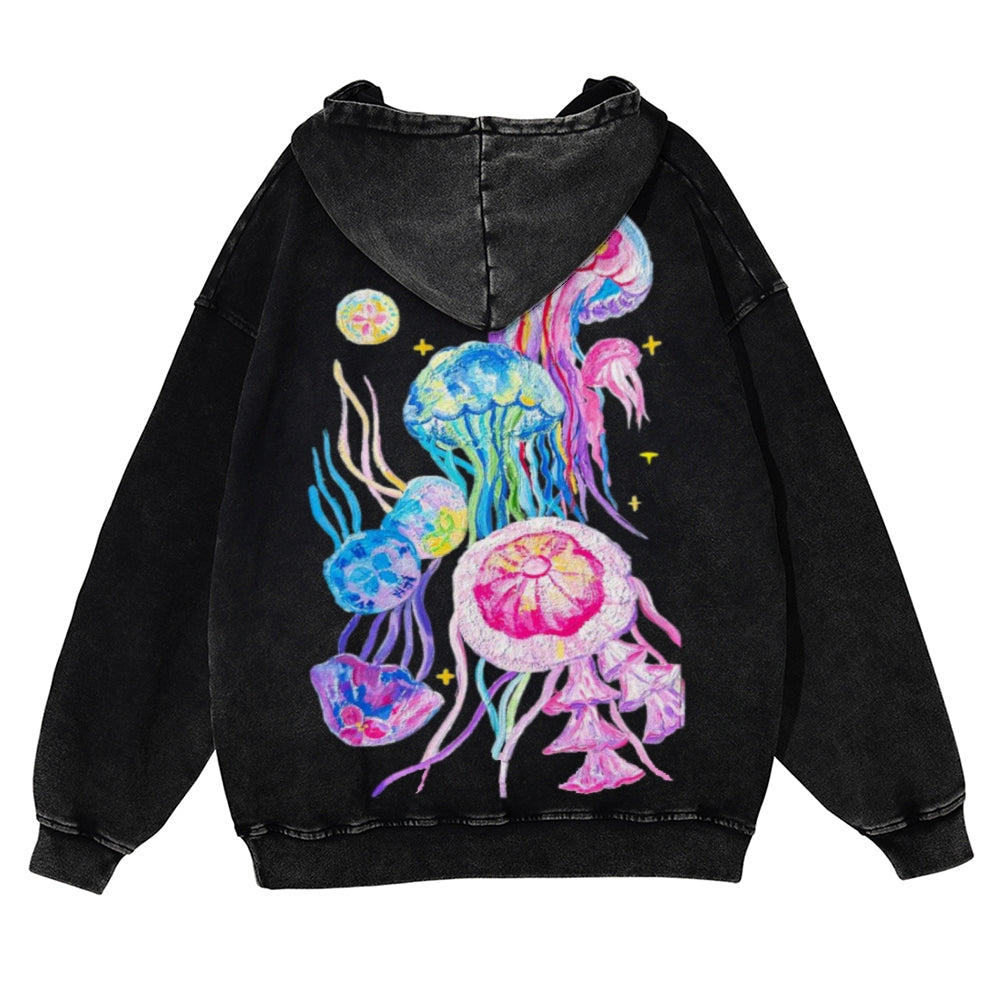 Muchic Unisex Jellyfish Back Print Casual Washed Hoodie