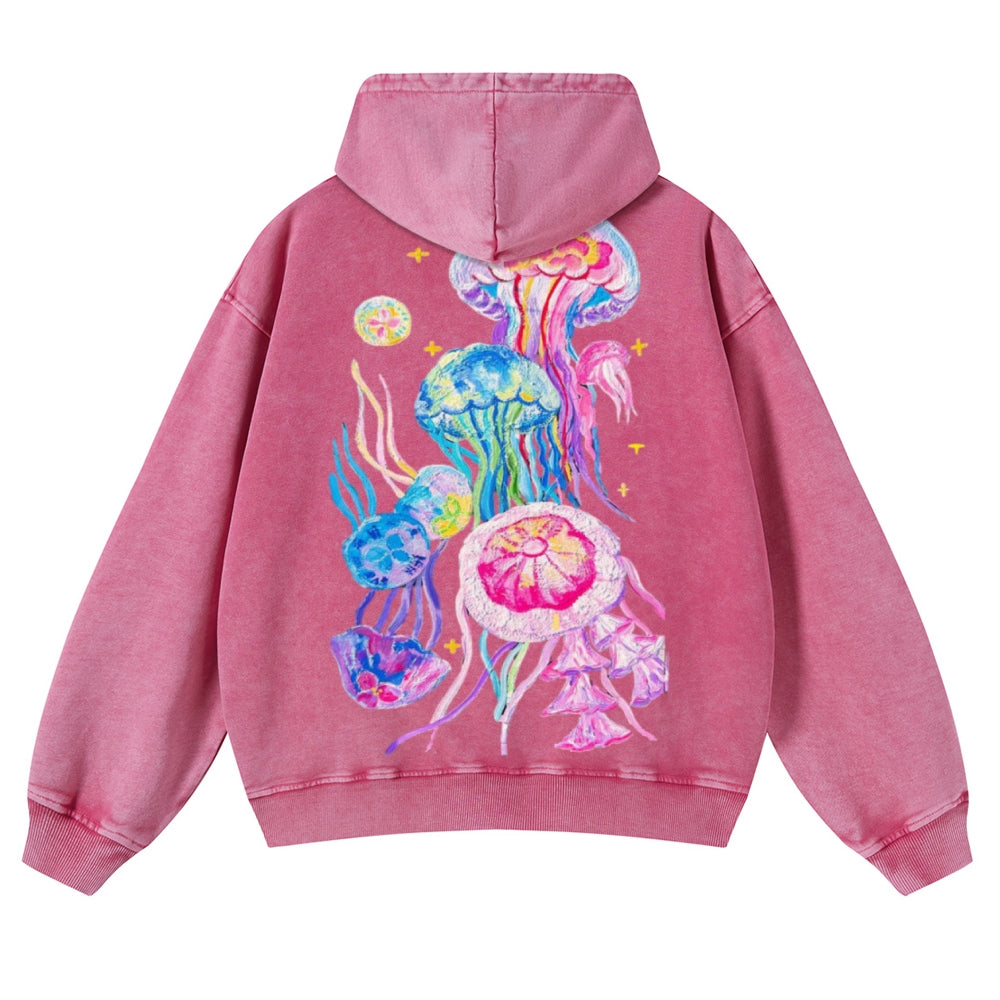 Muchic Unisex Jellyfish Back Print Casual Washed Hoodie