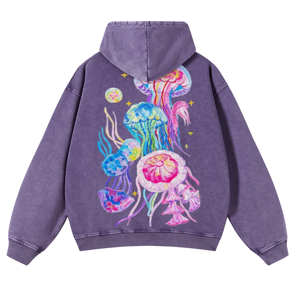 Muchic Unisex Jellyfish Back Print Casual Washed Hoodie