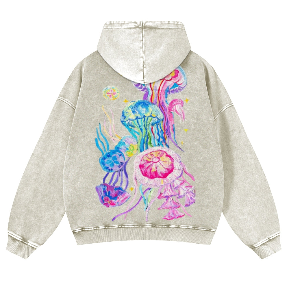 Muchic Unisex Jellyfish Back Print Casual Washed Hoodie