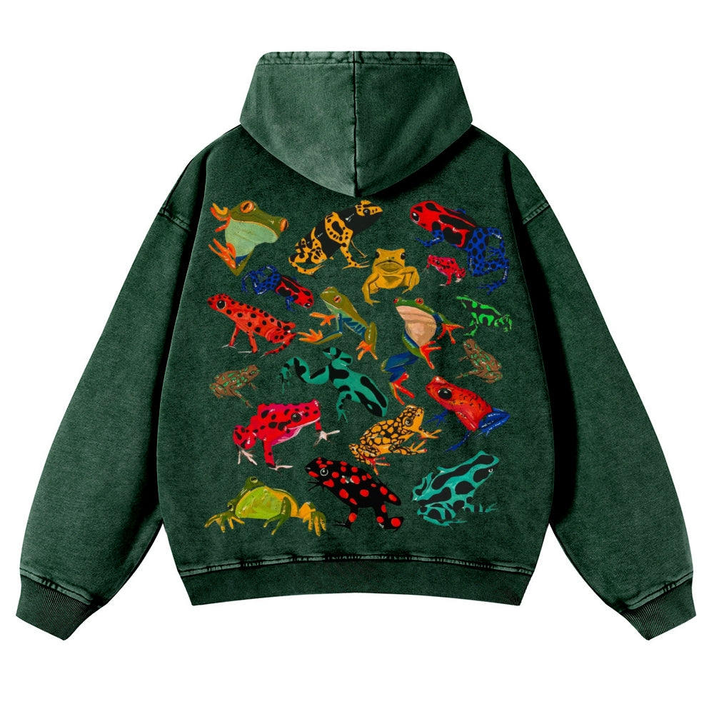 Muchic Unisex Cute Frog Back Print Casual Washed Hoodie