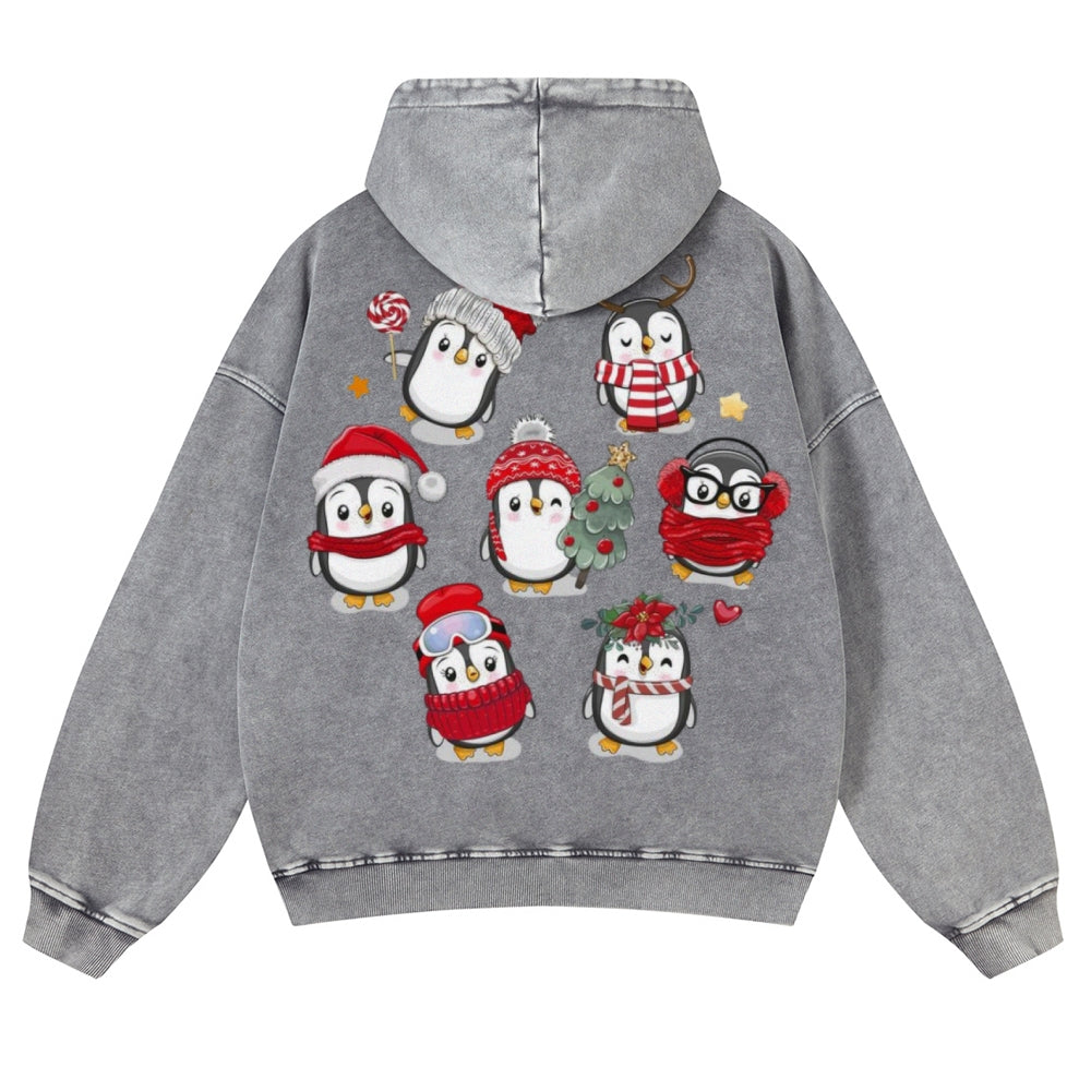 Muchic Unisex Christmas Penguins Back Print Casual Washed Hoodie