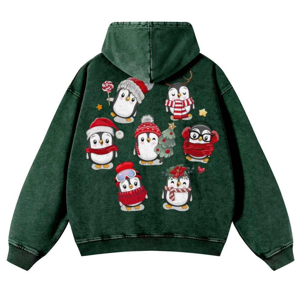 Muchic Unisex Christmas Penguins Back Print Casual Washed Hoodie