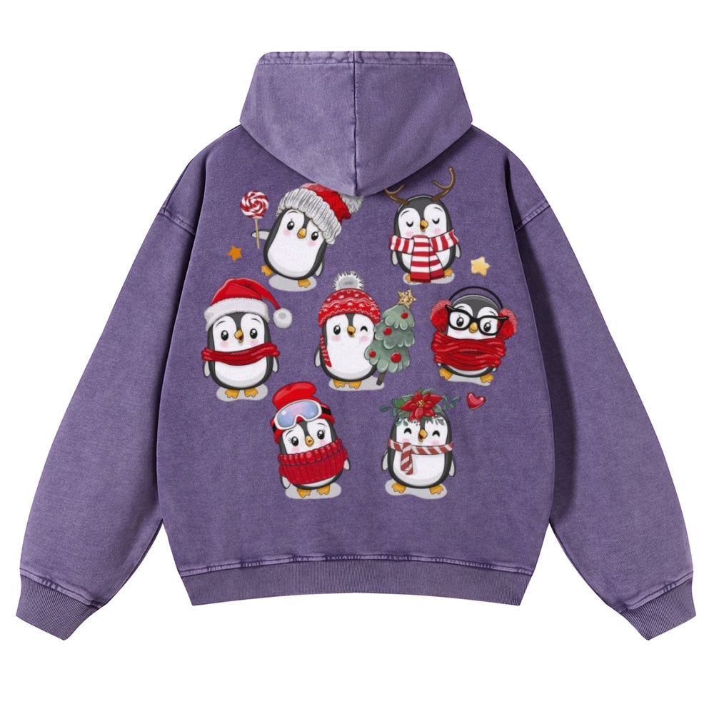 Muchic Unisex Christmas Penguins Back Print Casual Washed Hoodie