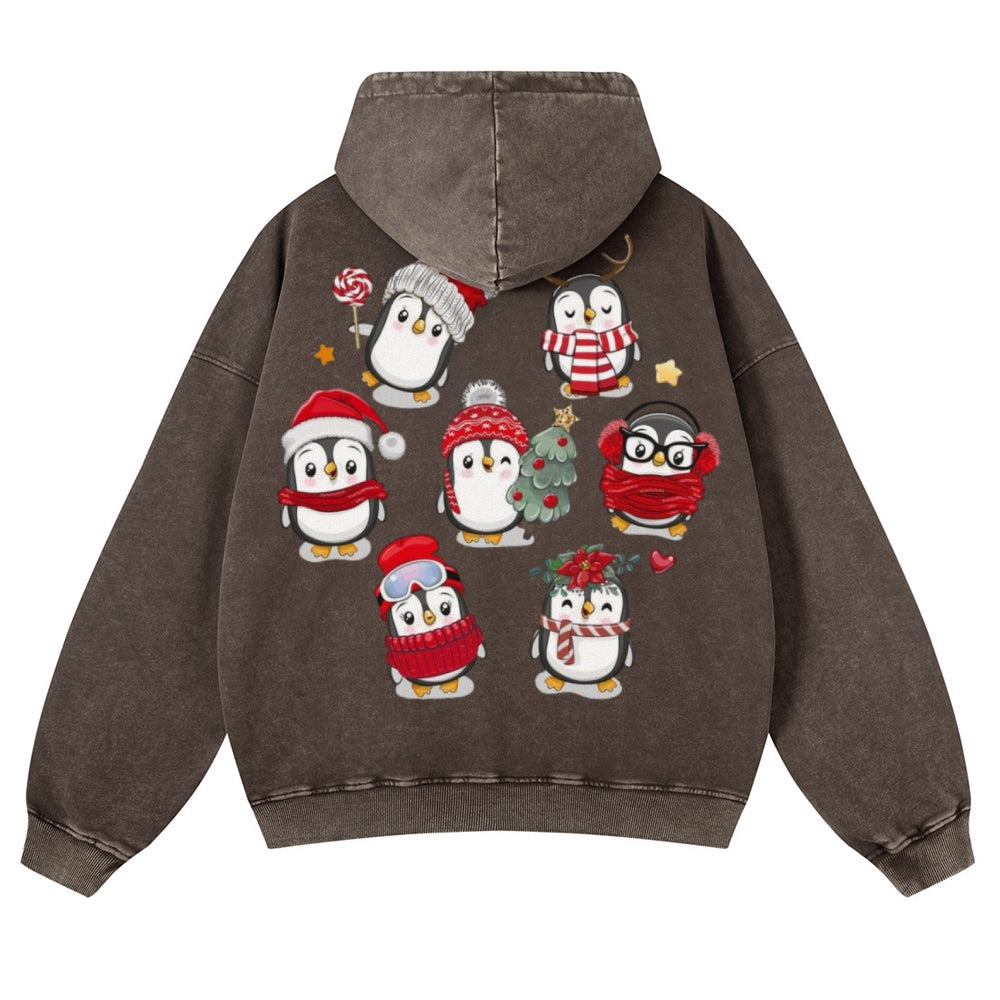 Muchic Unisex Christmas Penguins Back Print Casual Washed Hoodie