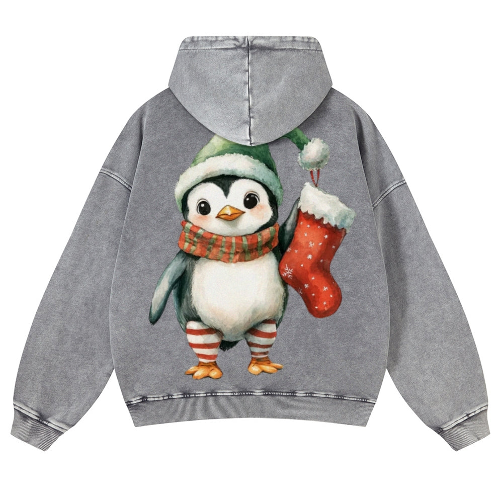 Muchic Unisex  Cute Christmas Penguin Back Print Casual Washed Hoodie