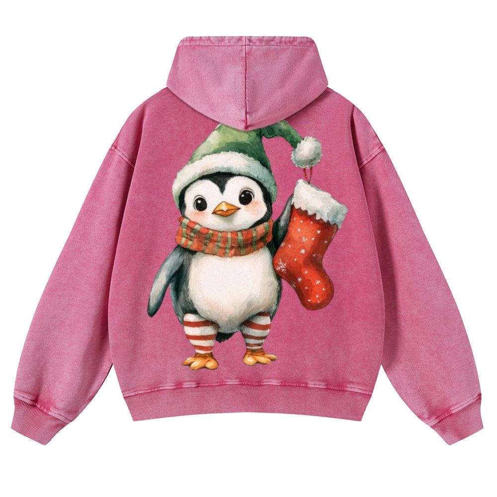 Muchic Unisex  Cute Christmas Penguin Back Print Casual Washed Hoodie