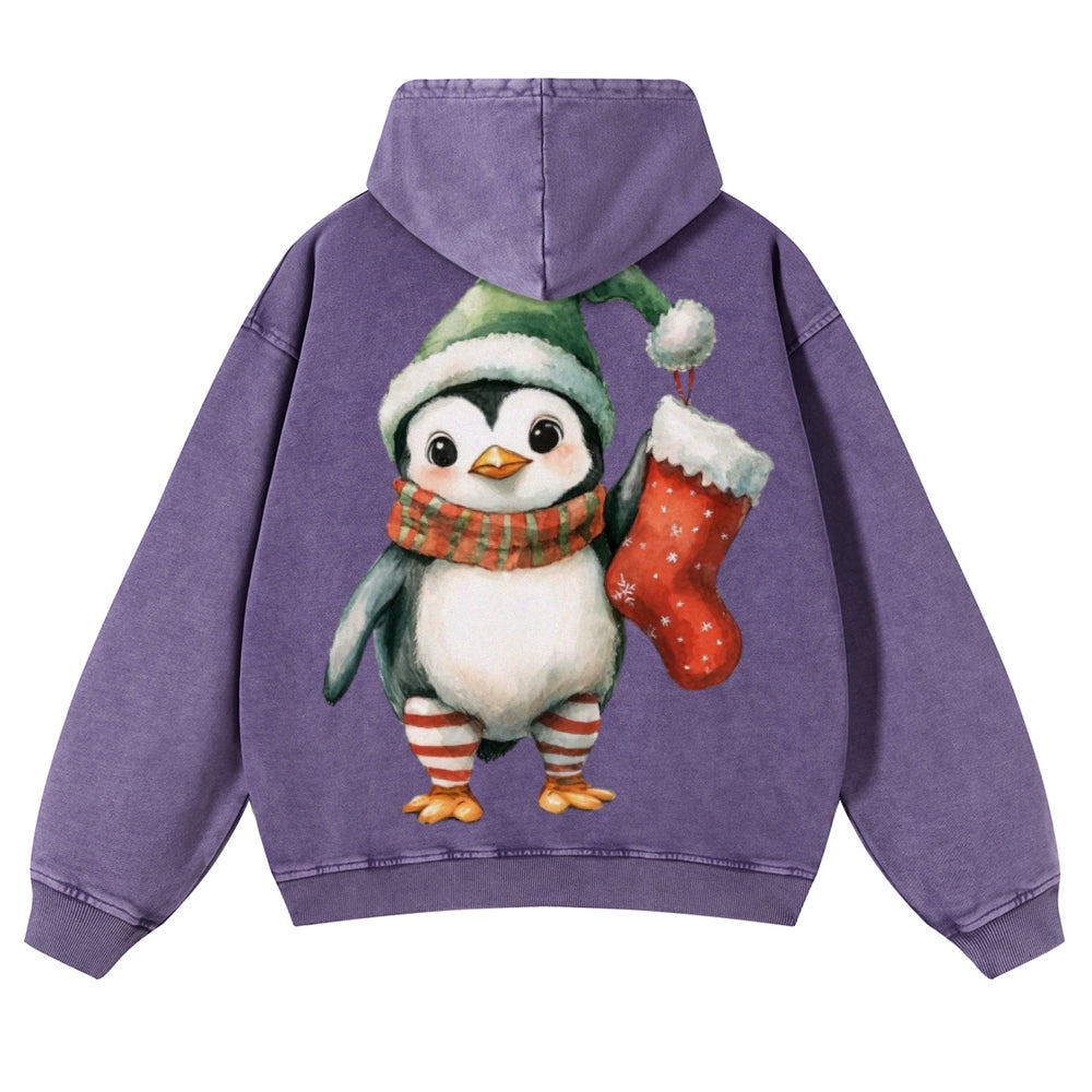 Muchic Unisex  Cute Christmas Penguin Back Print Casual Washed Hoodie