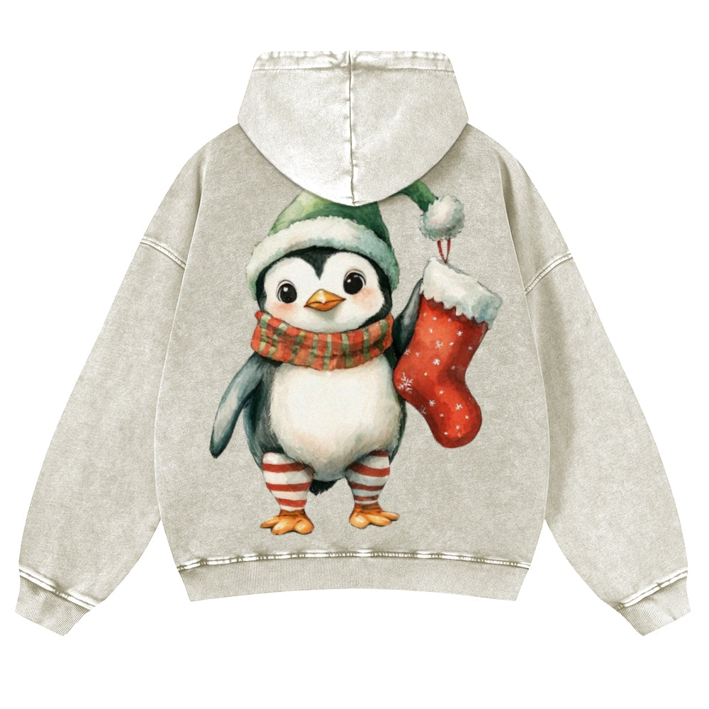 Muchic Unisex  Cute Christmas Penguin Back Print Casual Washed Hoodie