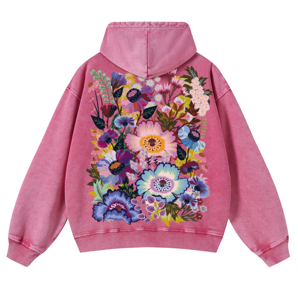 Muchic Unisex Cottage Garden Back Print  Casual Washed Hoodie