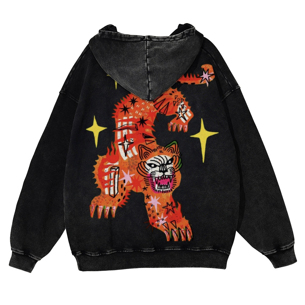 Muchic Unisex Cute Tiger Back Print Casual Washed Hoodie