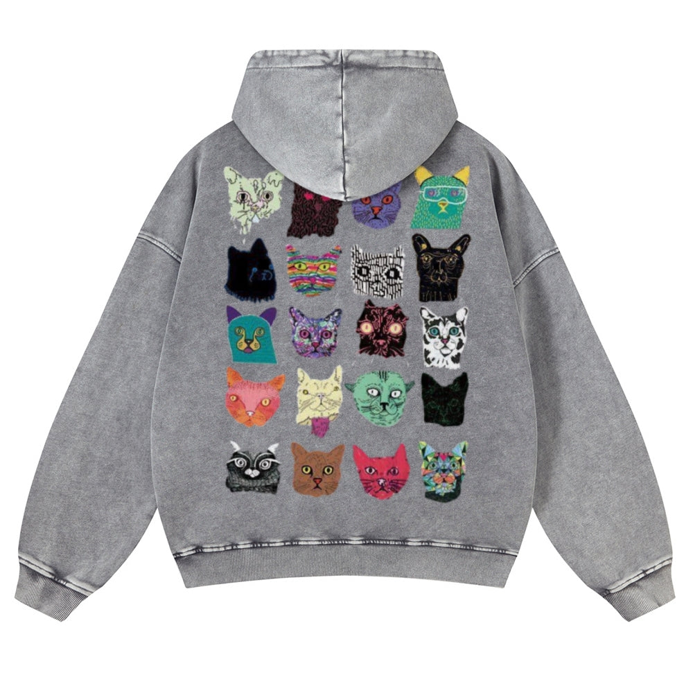 Muchic Unisex Cat Head Illustration Back Print Casual Washed Hoodie