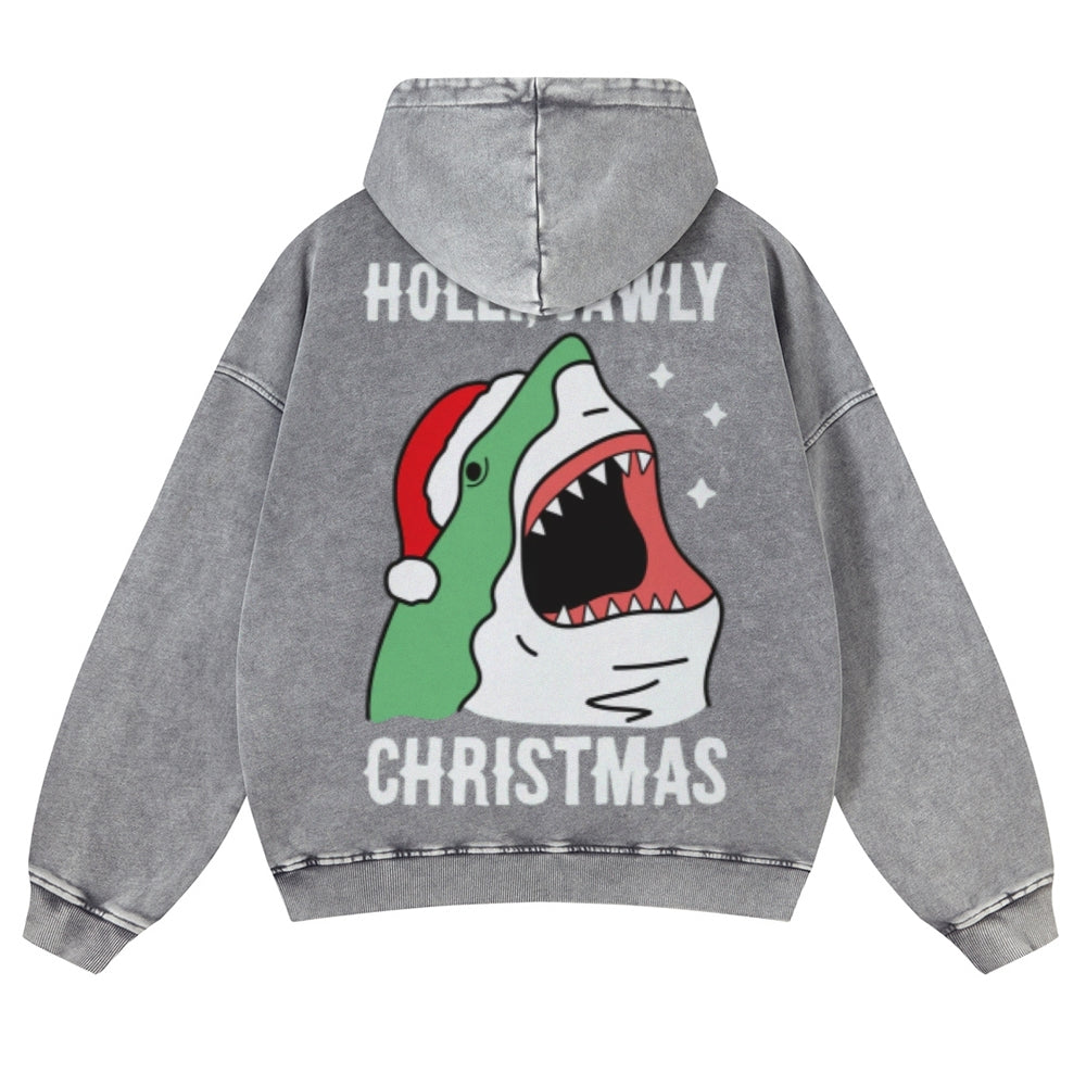 Muchic Unisex  Holly Shark Back Print Casual Washed Hoodie