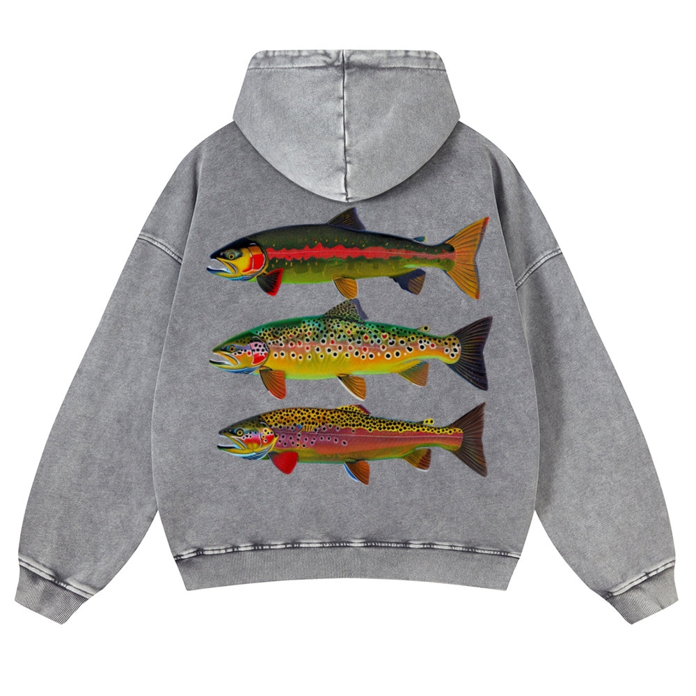 Muchic Unisex American Trout Back Print Casual Washed Hoodie