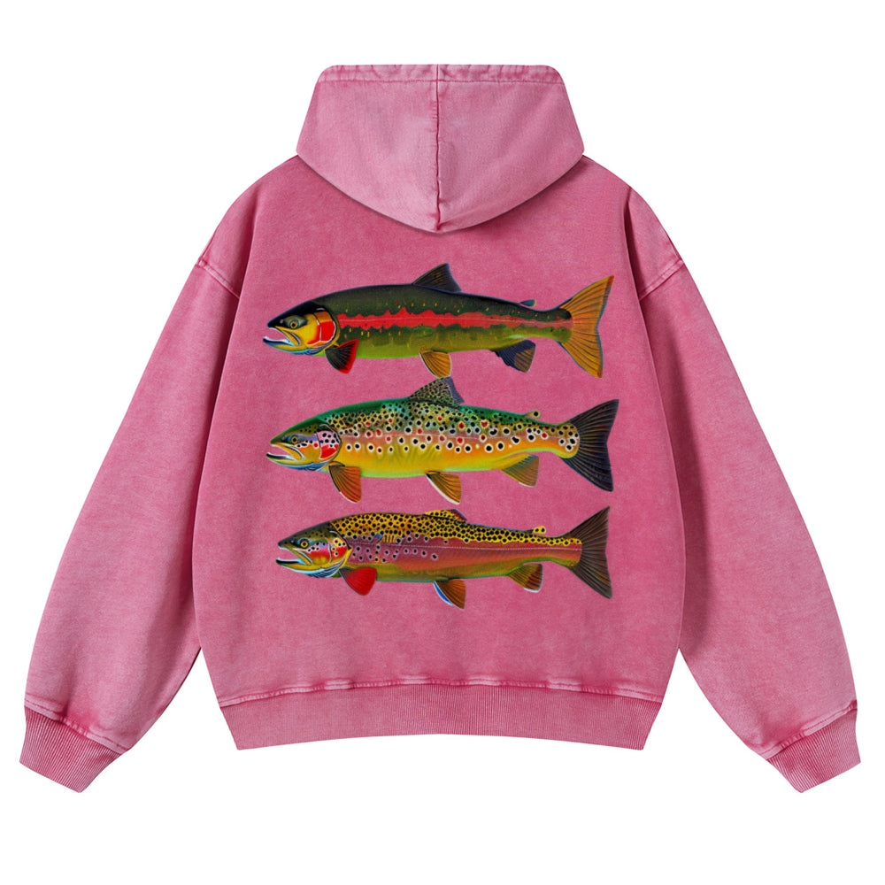 Muchic Unisex American Trout Back Print Casual Washed Hoodie