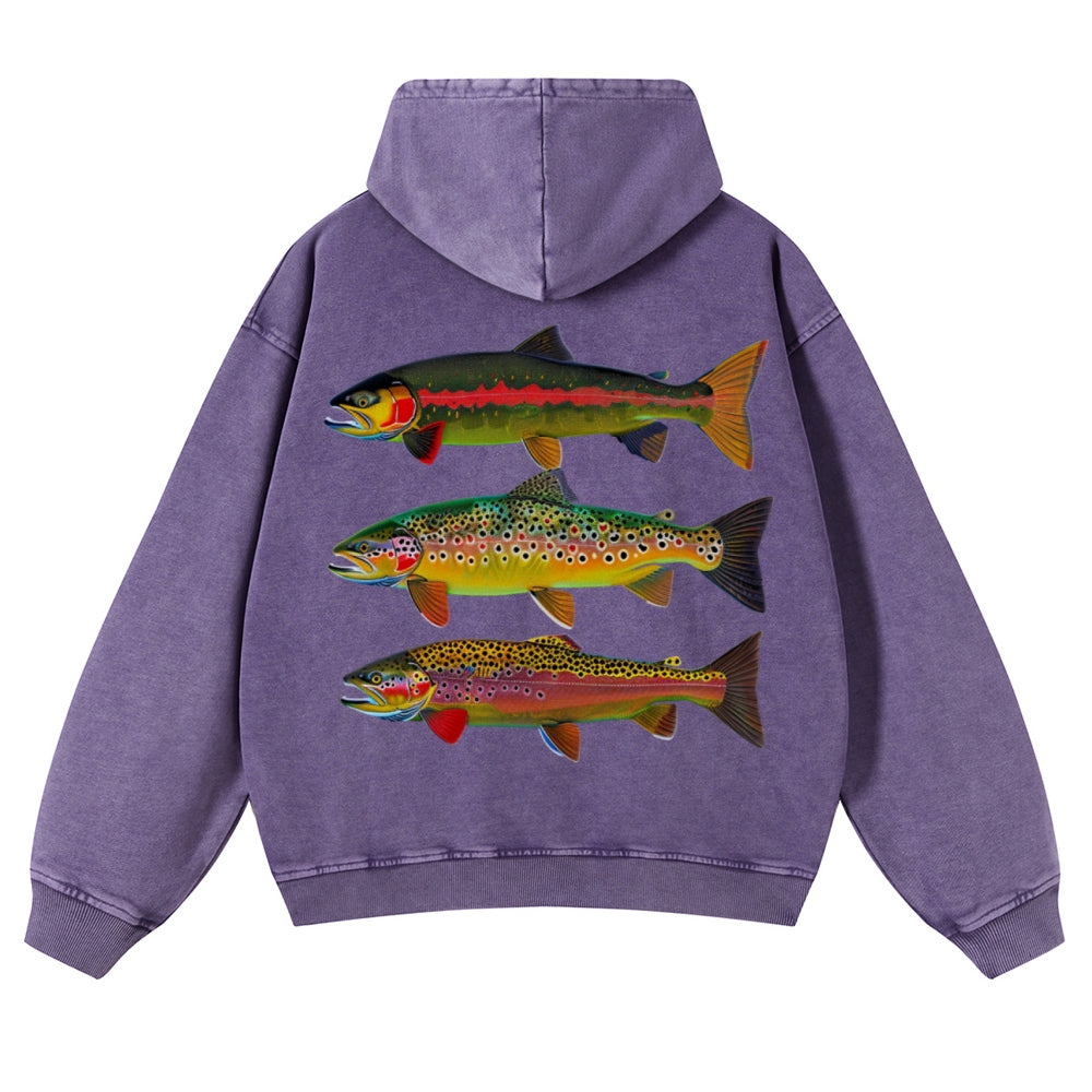 Muchic Unisex American Trout Back Print Casual Washed Hoodie