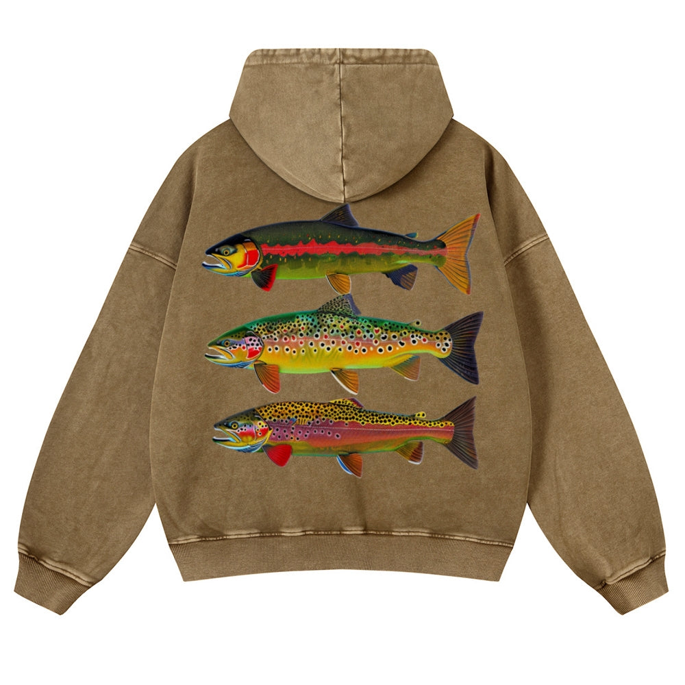 Muchic Unisex American Trout Back Print Casual Washed Hoodie