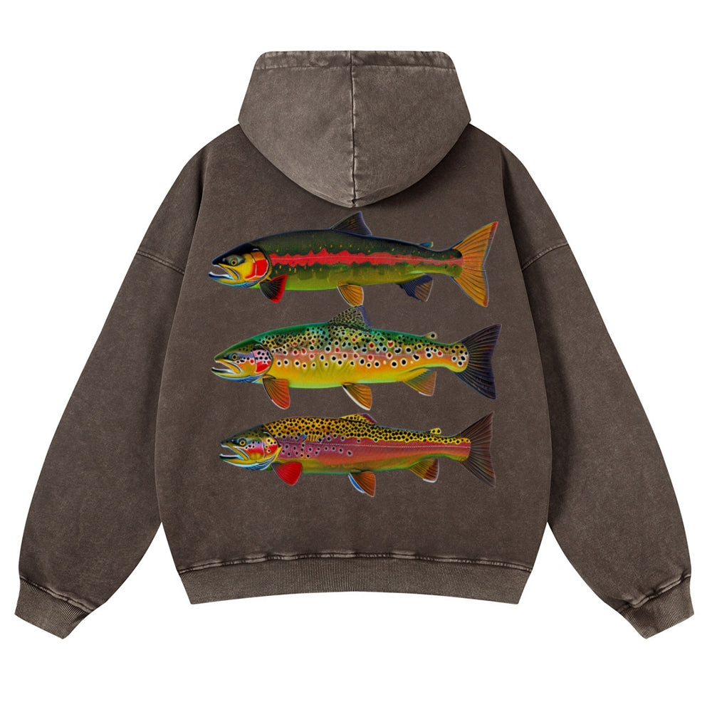 Muchic Unisex American Trout Back Print Casual Washed Hoodie