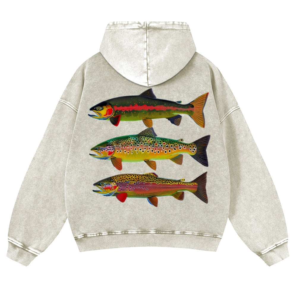 Muchic Unisex American Trout Back Print Casual Washed Hoodie