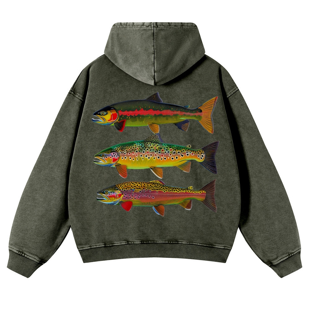 Muchic Unisex American Trout Back Print Casual Washed Hoodie