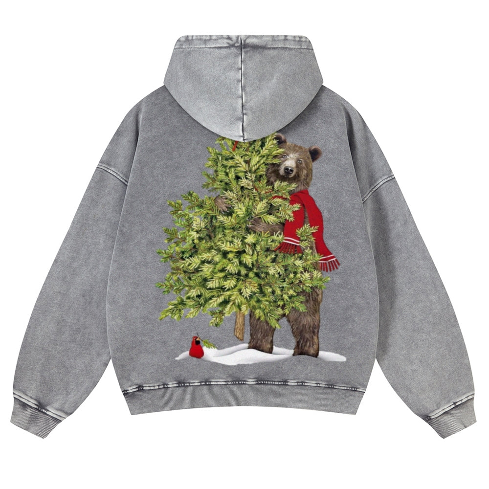 Muchic Unisex  Bear Christmas Back Print Casual Washed Hoodie