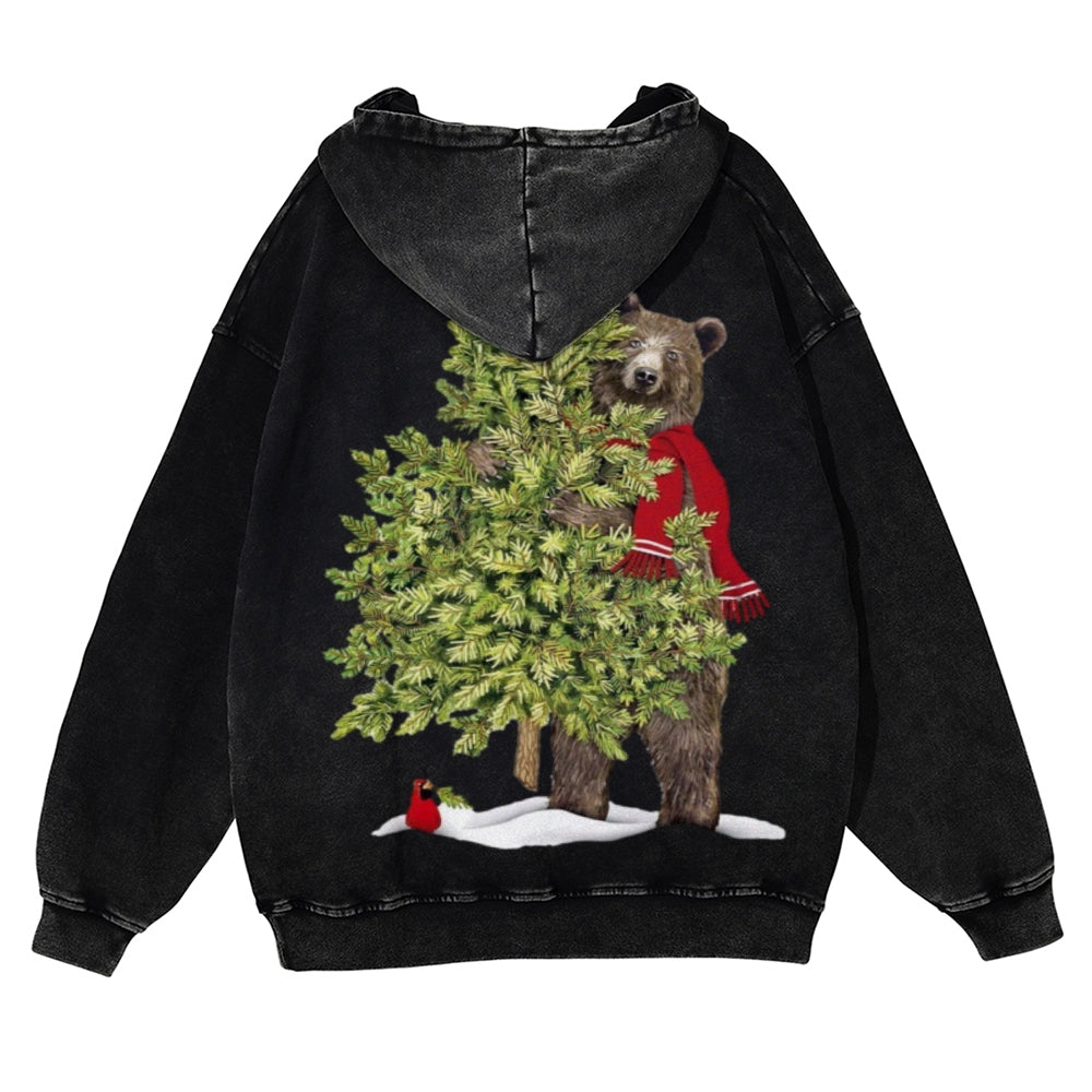 Muchic Unisex  Bear Christmas Back Print Casual Washed Hoodie