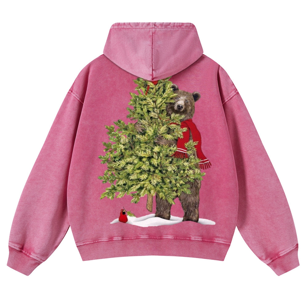 Muchic Unisex  Bear Christmas Back Print Casual Washed Hoodie