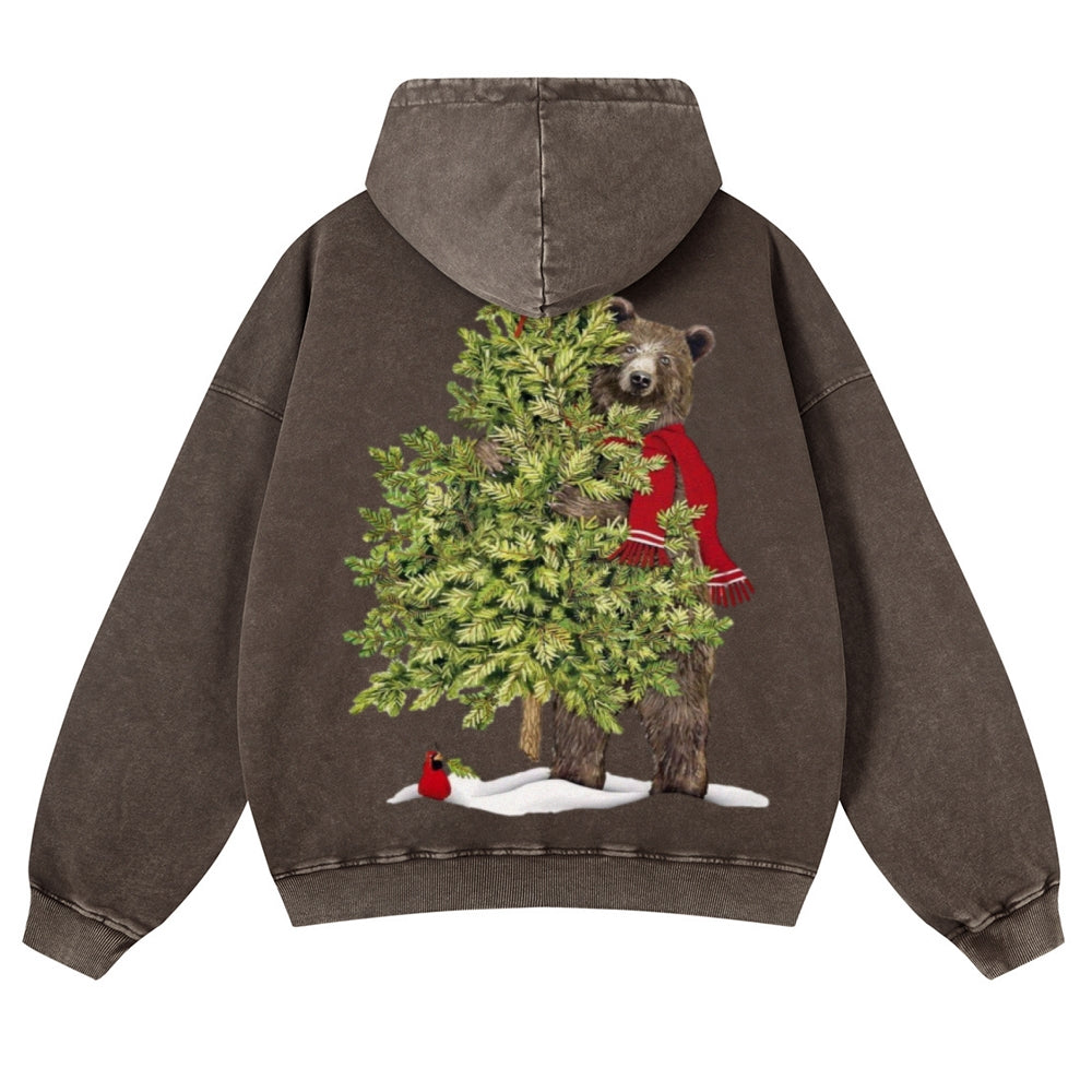 Muchic Unisex  Bear Christmas Back Print Casual Washed Hoodie