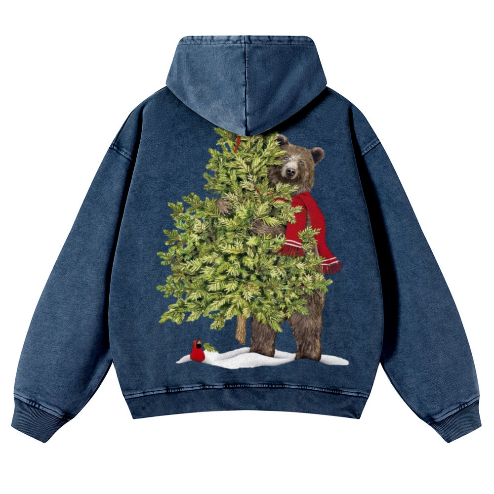 Muchic Unisex  Bear Christmas Back Print Casual Washed Hoodie