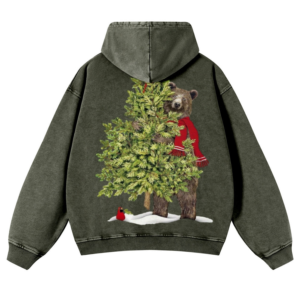 Muchic Unisex  Bear Christmas Back Print Casual Washed Hoodie