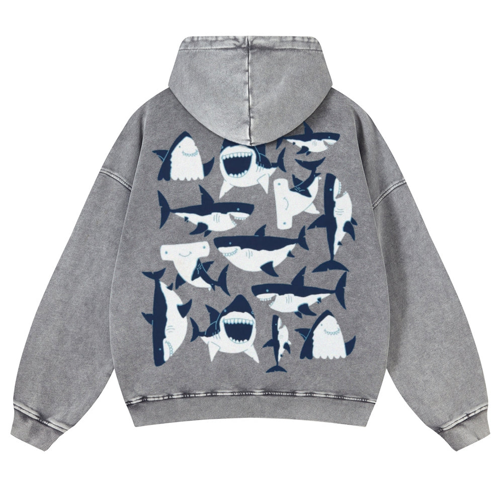 Muchic Unisex Sharks Party Back Print Casual Washed Hoodie