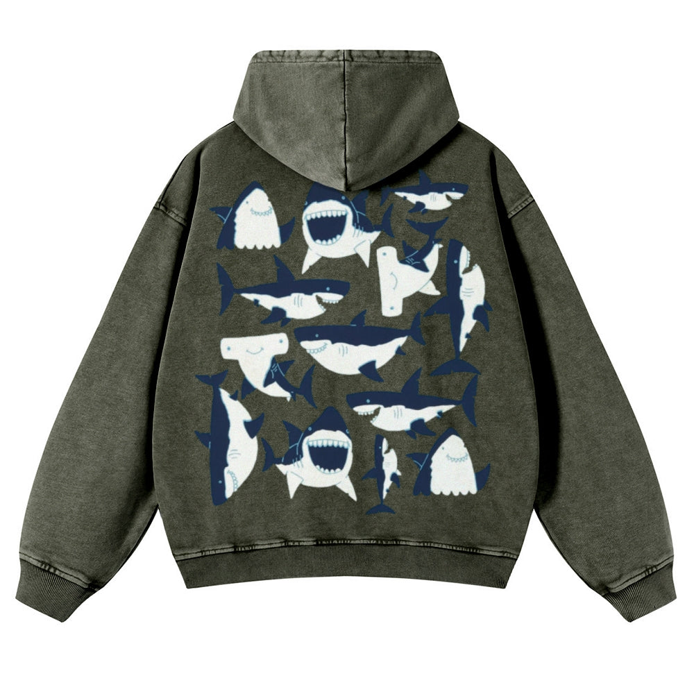 Muchic Unisex Sharks Party Back Print Casual Washed Hoodie