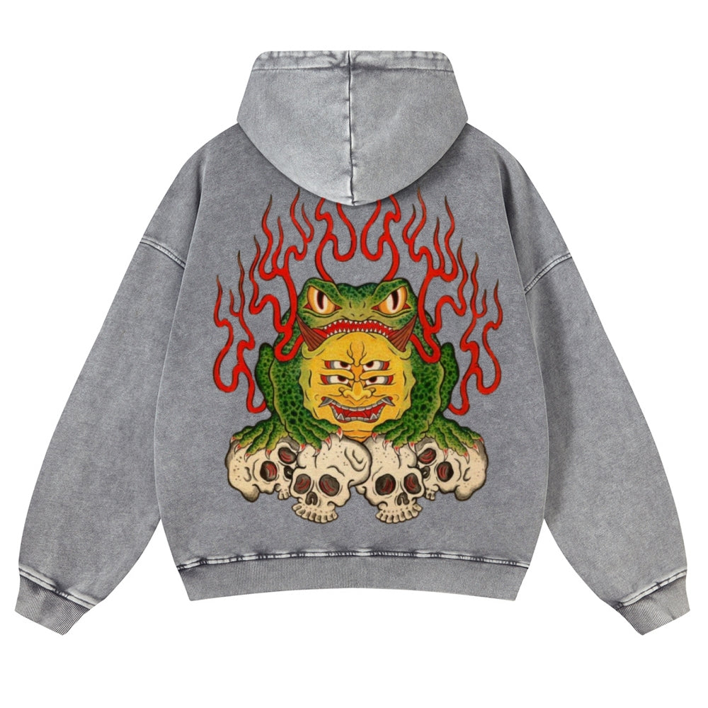 Muchic Unisex Flame Frog Back Print Casual Washed Hoodie