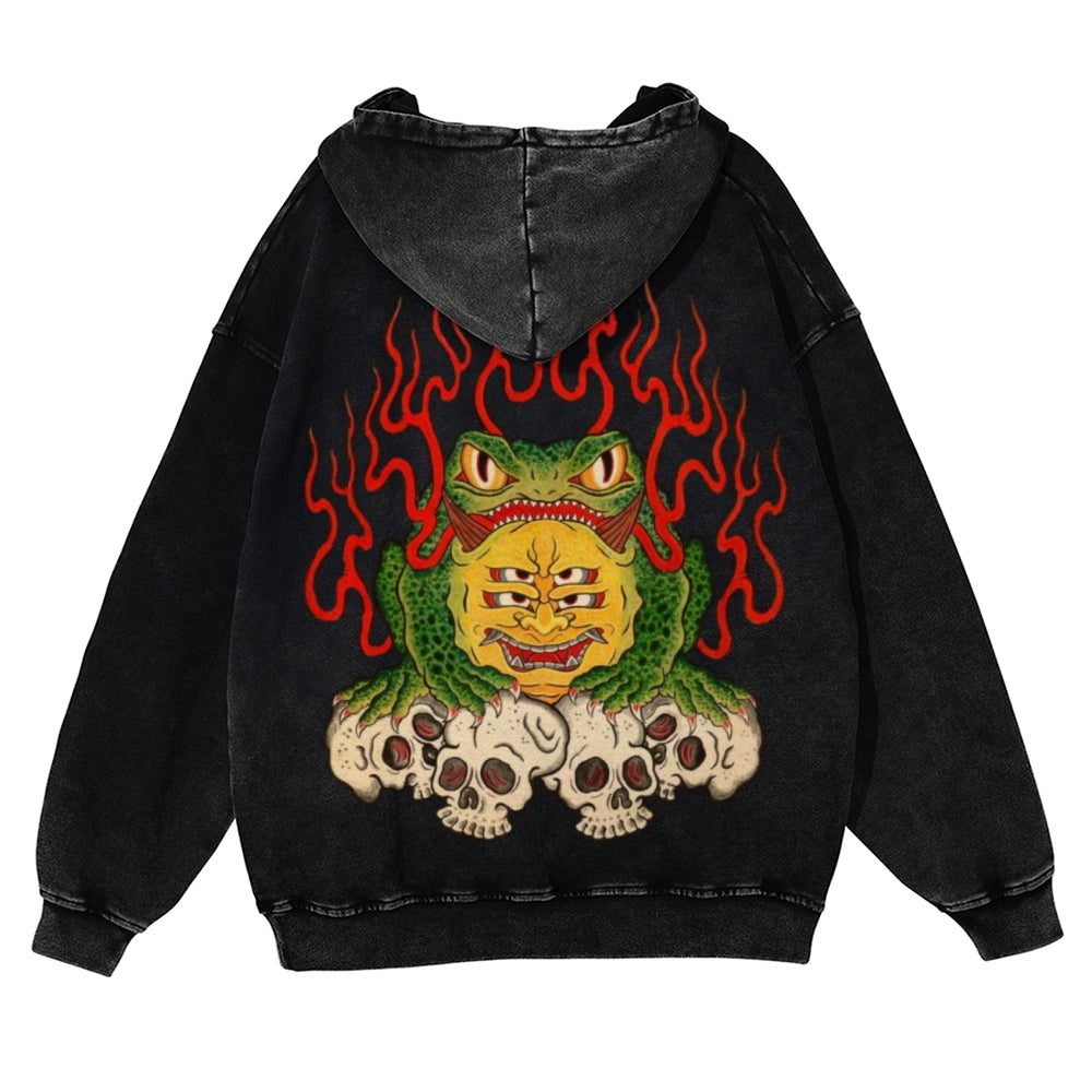 Muchic Unisex Flame Frog Back Print Casual Washed Hoodie