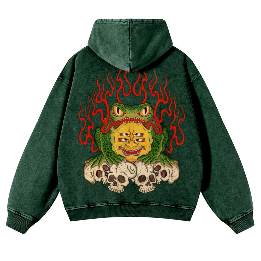 Muchic Unisex Flame Frog Back Print Casual Washed Hoodie