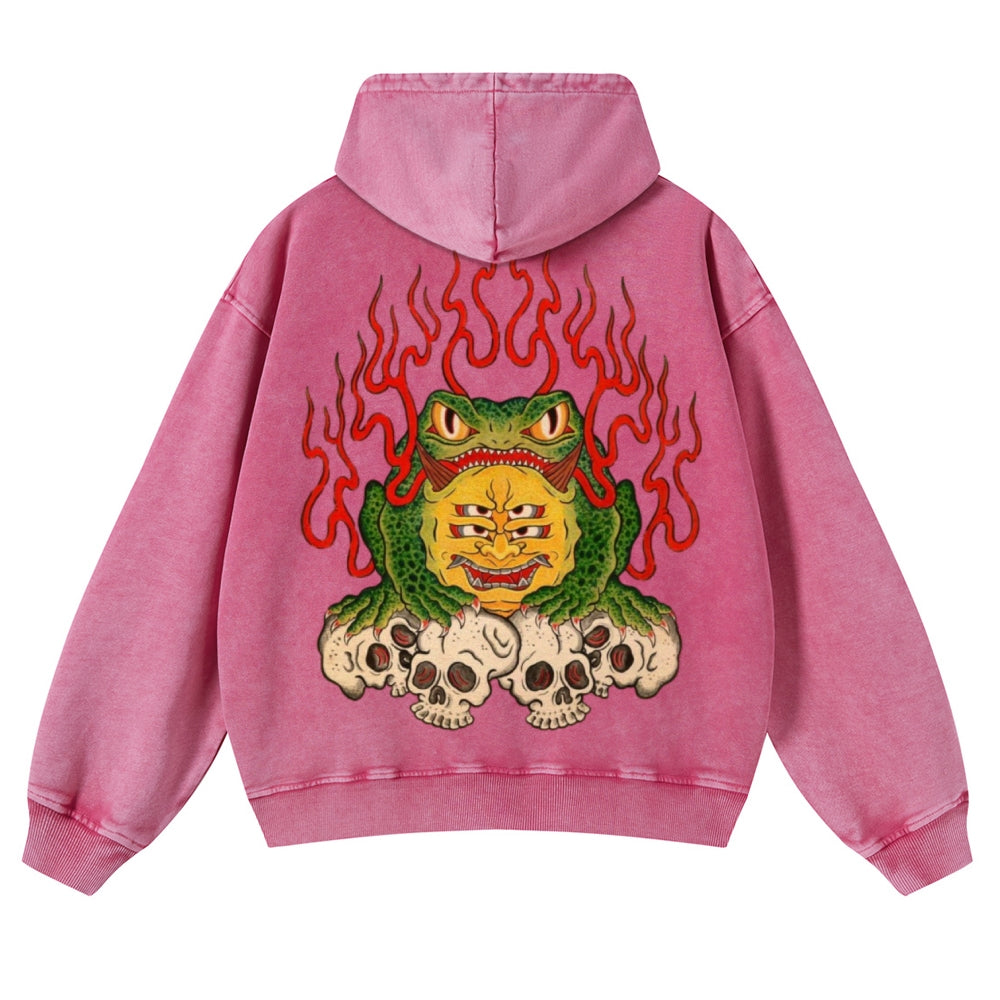 Muchic Unisex Flame Frog Back Print Casual Washed Hoodie