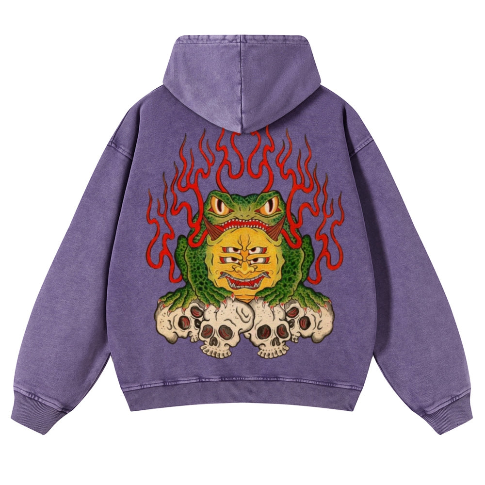 Muchic Unisex Flame Frog Back Print Casual Washed Hoodie