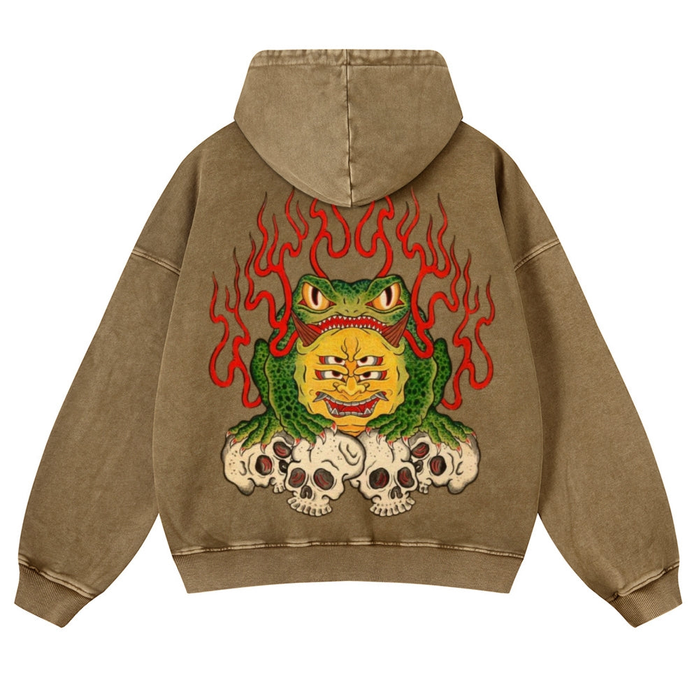 Muchic Unisex Flame Frog Back Print Casual Washed Hoodie