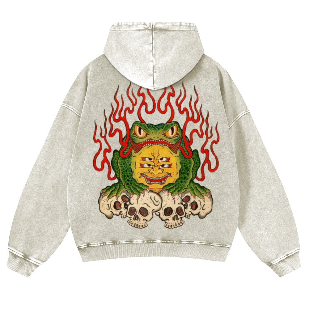 Muchic Unisex Flame Frog Back Print Casual Washed Hoodie