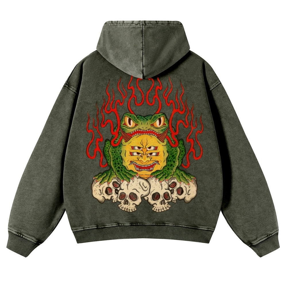 Muchic Unisex Flame Frog Back Print Casual Washed Hoodie