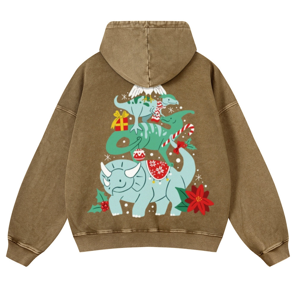 Muchic Unisex Animal Christmas Tree Back Print Casual Washed Hoodie