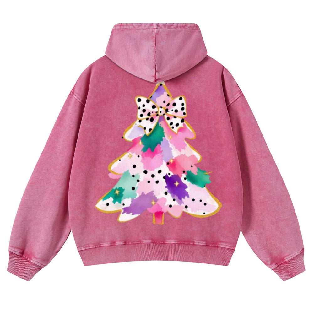 Muchic Unisex Happy Christmas Tree Back Print Casual Washed Hoodie