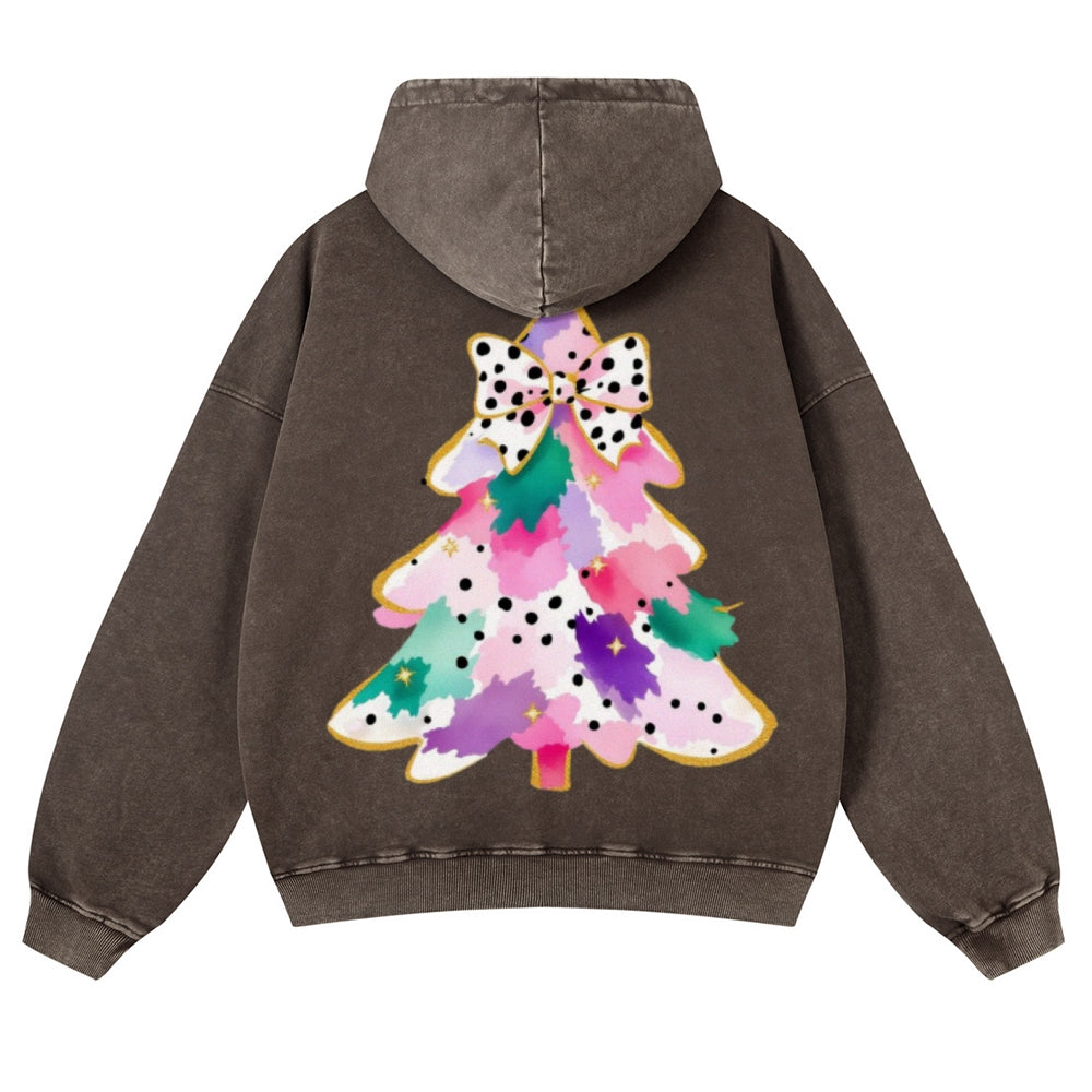 Muchic Unisex Happy Christmas Tree Back Print Casual Washed Hoodie