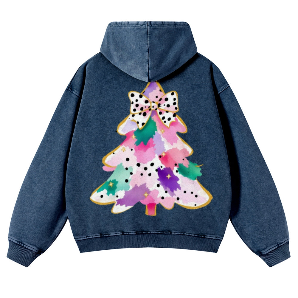 Muchic Unisex Happy Christmas Tree Back Print Casual Washed Hoodie