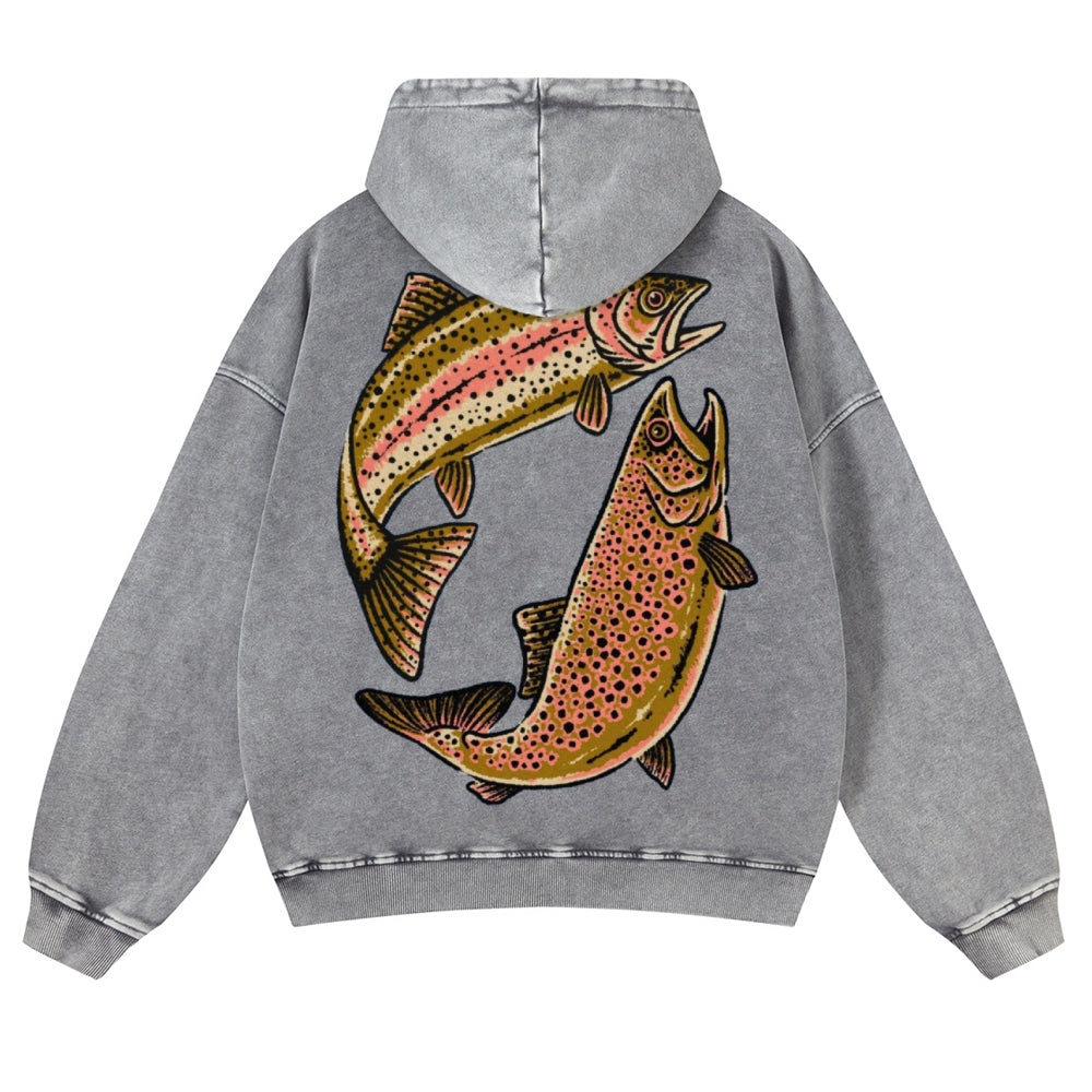 Muchic Unisex Two Fishes Back Print Casual Washed Hoodie