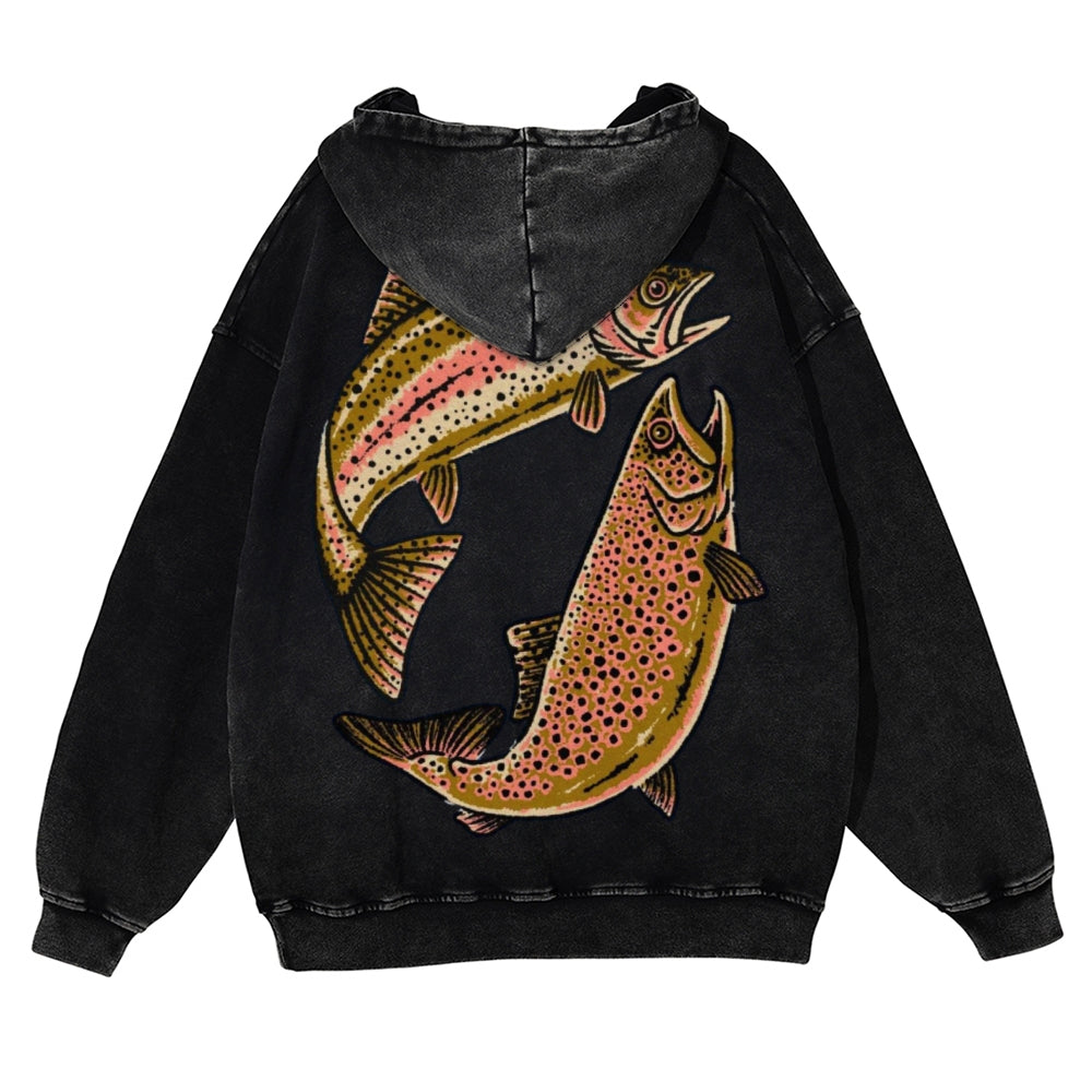 Muchic Unisex Two Fishes Back Print Casual Washed Hoodie